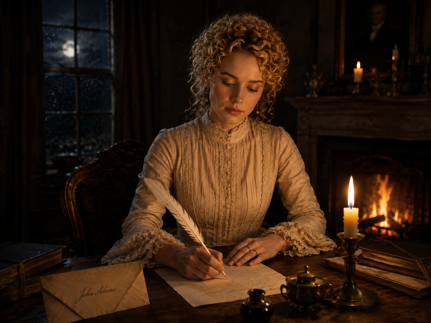 Abigail Adams writing by candlelight